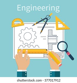 Engineer working on blueprint. Drawing, technical scheme. Sketching gear, project. Engineer Designer in project. Drawings for production, manufacturing processes. Vector, flat