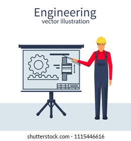 Engineer working on blueprint. Engineering drawing, technical scheme.Sketching gear, project. Drawings for production, manufacturing processes. Vector illustration flat design. 