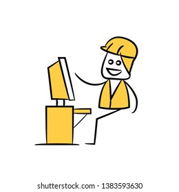 engineer working on computer, doodle stick figure design