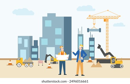 Engineer working on Construction site with heavy machines. bulldozer, truck, crane, make buildings and developing city.