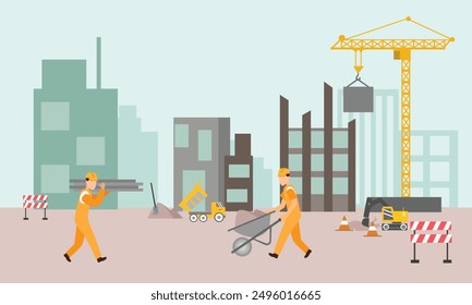 Engineer working on Construction site with heavy machines. bulldozer, truck, crane, make buildings and developing city.