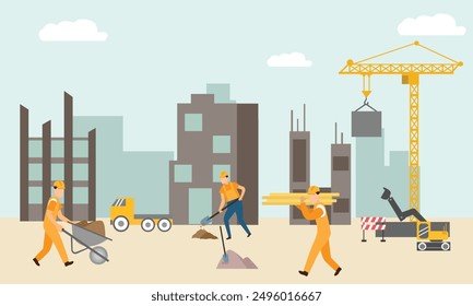 Engineer working on Construction site with heavy machines. bulldozer, truck, crane, make buildings and developing city.