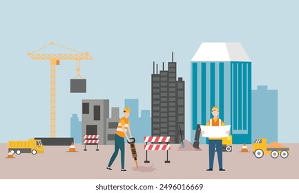 Engineer working on Construction site with heavy machines. bulldozer, truck, crane, make buildings and developing city.