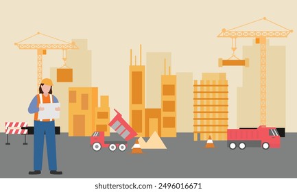 Engineer working on Construction site with heavy machines. bulldozer, truck, crane, make buildings and developing city.