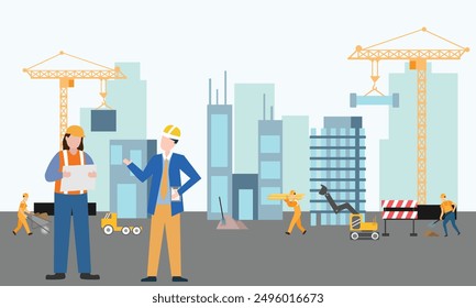 Engineer working on Construction site with heavy machines. bulldozer, truck, crane, make buildings and developing city.