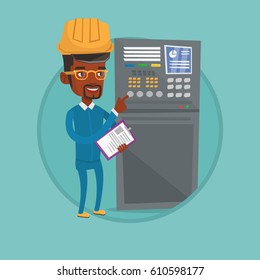 Engineer working on control panel. Engineer pressing button at control panel. Engineer standing in front of the control panel. Vector flat design illustration in the circle isolated on background.