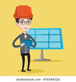 Engineer working on digital tablet at solar power plant. Worker with tablet computer at solar power plant. Worker in hard hat checking solar panel setup. Vector flat design illustration. Square layout