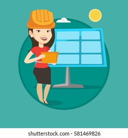 Engineer working on digital tablet at solar power plant. Caucasian worker of solar power plant. Engineer checking solar panel setup. Vector flat design illustration in circle isolated on background.