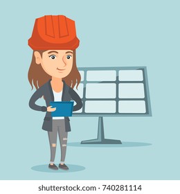 Engineer working on a digital tablet at solar power plant. Worker of solar power plant using tablet computer. Worker in hard hat checking solar panel setup. Vector cartoon illustration. Square layout.