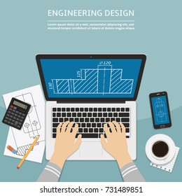 Engineer working on laptop computer with blueprint on screen. Flat design vector illustration.