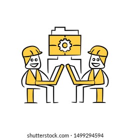 engineer working on laptop and file collaboration yellow stick figure theme