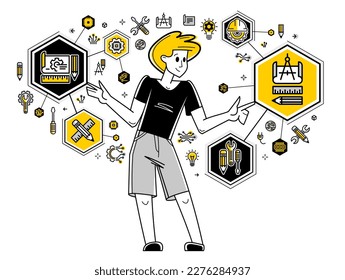 Engineer working on a project, mechanic specialist doing his job on draft plan vector outline illustration, creative inventor, machine repair.