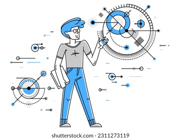 Engineer working on a project, mechanic specialist doing his job on draft plan vector outline illustration, creative inventor, machine repair.