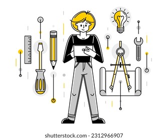 Engineer working on a project, mechanic specialist doing his job on draft plan vector outline illustration, creative inventor, machine repair.
