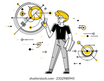 Engineer working on a project, mechanic specialist doing his job on draft plan vector outline illustration, creative inventor, machine repair.