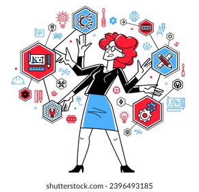 Engineer working on a project, mechanic specialist doing his job on draft plan vector outline illustration, creative inventor, machine repair.