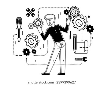 Engineer working on a project, mechanic specialist doing his job on draft plan vector outline illustration, creative inventor, machine repair.