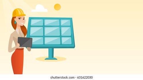 Engineer working on tablet at solar power plant. Caucasian female worker of solar power plant. Engineer in hard hat checking solar panel setup. Vector flat design illustration. Horizontal layout.