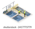 Engineer working at wastewater treatment check quality of the water the wastewater treatment pond process concept isometric isolated cartoon vector