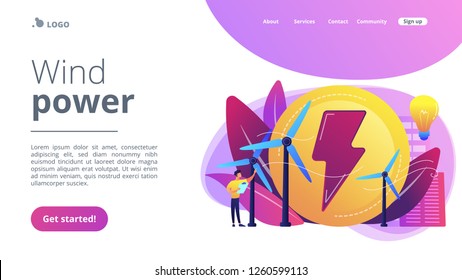 Engineer working with wind turbines producing green energy, light bulb. Wind power, renewable energy, green electricity supply concept. Website vibrant violet landing web page template.