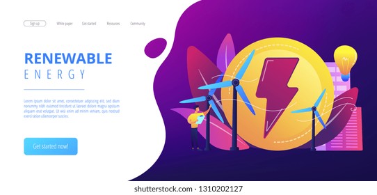 Engineer working with wind turbines producing green energy, light bulb. Wind power, renewable energy, green electricity supply concept. Website vibrant violet landing web page template.