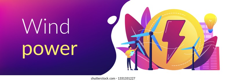 Engineer working with wind turbines producing green energy, light bulb. Wind power, renewable energy, green electricity supply concept. Header or footer banner template with copy space.