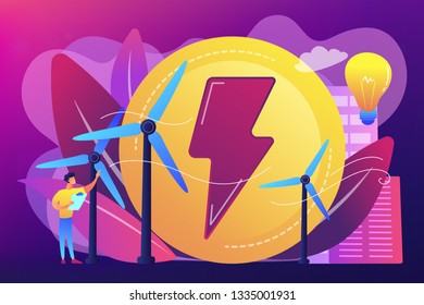 Engineer working with wind turbines producing green energy, light bulb. Wind power, renewable energy, green electricity supply concept. Bright vibrant violet vector isolated illustration