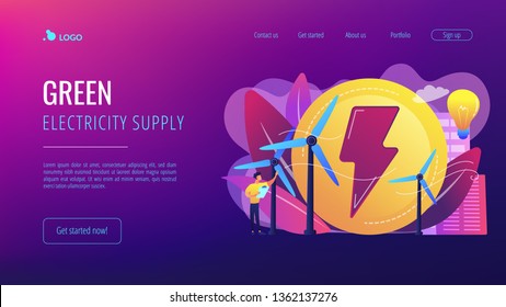 Engineer working with wind turbines producing green energy, light bulb. Wind power, renewable energy, green electricity supply concept. Website vibrant violet landing web page template.