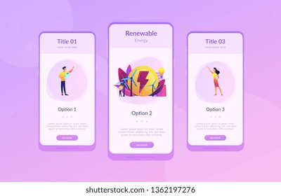 Engineer working with wind turbines producing green energy, light bulb. Wind power, renewable energy, green electricity supply concept. Mobile UI UX GUI template, app interface wireframe