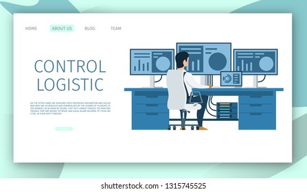 Engineer Workplace. Character Working on Computer. Back View of Male Warehouse Worker Doing Control Logistic on Multi Display. Man Sitting on Chair. Flat Cartoon Vector Illustration