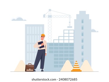 Engineer at workplace concept. Man in protective hat near building. Urban architecture. Construction and engineering. Young guy with construction crane. Cartoon flat vector illustration