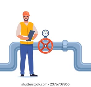 Engineer in workwear and protective helmet inspect petroleum or water pipelines. Valve and pressure gauge on the pipe. Oil, gas or water industry. Vector illustration