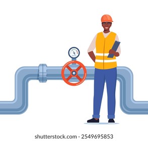 Ingeniero en ropa de trabajo y casco de protección inspeccionar tuberías de petróleo o agua. Válvula y manómetro en la tubería. Industria del petróleo, gas o agua. Ilustración vectorial