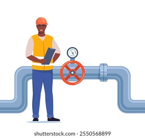 Ingeniero en ropa de trabajo y casco de protección inspeccionar tuberías de petróleo o agua. Válvula y manómetro en la tubería. Industria del petróleo, gas o agua. Ilustración vectorial