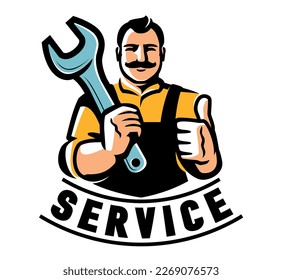 Engineer with wrench. Worker technician mechanic builder logo. Workshop, service emblem. Vector illustration