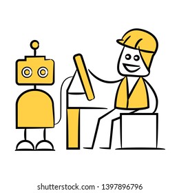 engineer writing embedded software to robot  yellow doodle design