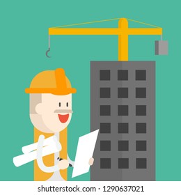 Engineer writing paper sketch with building under construction and crane ,flat design ,Vector illustration. 