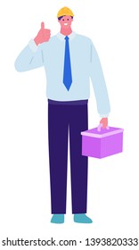 An engineer in an yellow helmet gesticulates with his hands and shows his thumb. Flat cartoon style. Concept illustration with colored characters.