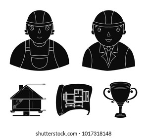 Engineer-constructor, construction worker, site plan, technical drawing of the house. Architecture set collection icons in black style vector symbol stock illustration web.