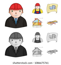 Engineer-constructor, construction worker, site plan, technical drawing of a house. Architecture set collection icons in cartoon, monochrome style vector symbol stock illustration web.