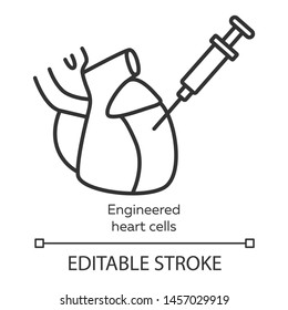 Engineered heart cells linear icon. Human engineered cardiac tissues. HECTs. Heart injection. Bioengineering. Thin line illustration. Contour symbol. Vector isolated outline drawing. Editable stroke