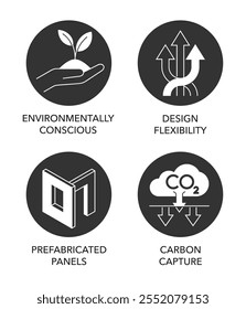 Ingenieurholz-Ikonen-Set. Umweltbewusst, Designflexibilität, vorgefertigte Platten und Kohlenstoffabscheidung. Piktogramme für Holzbaustoffverpackungen. Flacher Stil, Kreisform