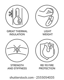 Engineered wood panels or other construction materials icons set. Great thermal insulation, Light weight, Strength and stiffness, Fire protection rei 90. Pictograms for labeling in thin line