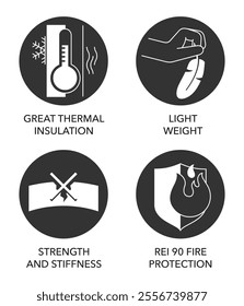 Engineered wood panels or other construction materials icons set. Great thermal insulation, Light weight, Strength and stiffness, Fire protection rei 90. Pictograms for labeling in monochrome