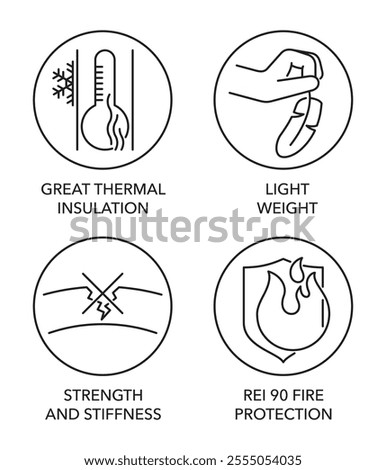 Engineered wood panels or other construction materials icons set. Great thermal insulation, Light weight, Strength and stiffness, Fire protection rei 90. Pictograms for labeling in thin line