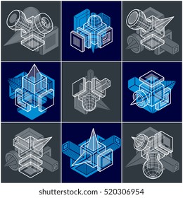 Engineering abstract geometric shapes, simple vectors set.