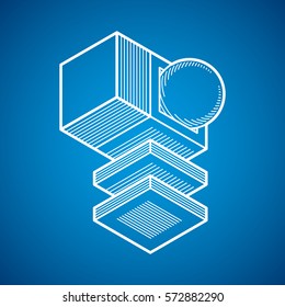 Engineering abstract shape, 3d vector polygonal figure.