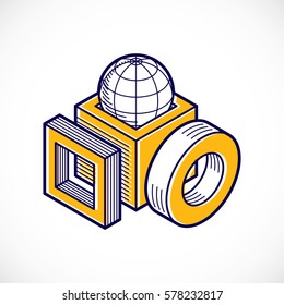 Engineering abstract shape, 3d vector polygonal figure.