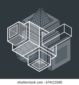 Engineering abstract shape, 3d vector polygonal figure.