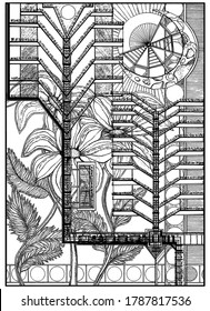 Engineering abstraction, construction, with vertical structures similar to communications, with details, signboard, moon, large flowers, leaves in the background, symbolizes nature and human activity.